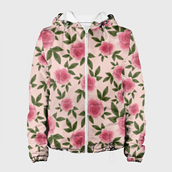Куртка с капюшоном женская Акварельные розы на бежевом - паттерн, цвет: 3D-белый