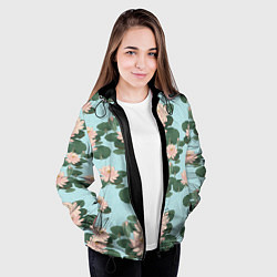 Куртка с капюшоном женская Водяные лилии на бирюзовом фоне, цвет: 3D-черный — фото 2