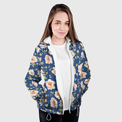 Куртка с капюшоном женская Розовые пионы на синем фоне, цвет: 3D-белый — фото 2