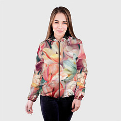 Куртка с капюшоном женская Разноцветные пастельные тюльпаны - паттерн, цвет: 3D-черный — фото 2