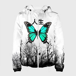 Куртка с капюшоном женская С бабочкой на фоне японского иероглифа, цвет: 3D-белый