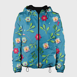 Куртка с капюшоном женская Цветы и зеленые веточки, цвет: 3D-черный