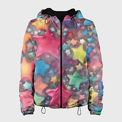 Куртка с капюшоном женская Разноцветные новогодние звёзды, цвет: 3D-черный
