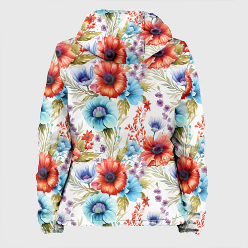 Женская куртка Синие и красные маки на белом - паттерн / 3D-Черный – фото 2