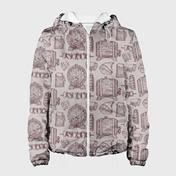 Куртка с капюшоном женская Паттерн с деревянной кружкой и шашлыком в стиле кр, цвет: 3D-белый