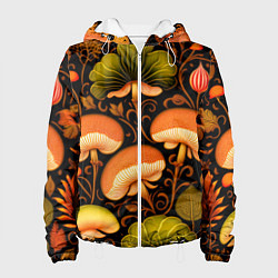 Куртка с капюшоном женская Грибы с листвой узор, цвет: 3D-белый