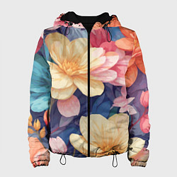 Куртка с капюшоном женская Водянная лилия лотосы кувшинки, цвет: 3D-черный
