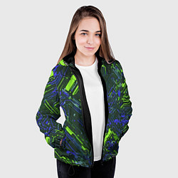 Куртка с капюшоном женская Киберпанк линии зелёные и синие, цвет: 3D-черный — фото 2