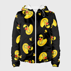 Куртка с капюшоном женская Жёлтая уточка в в темных очках и цепочке на черном, цвет: 3D-белый