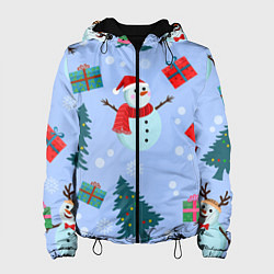 Куртка с капюшоном женская Снеговики с новогодними подарками паттерн, цвет: 3D-черный
