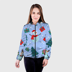 Куртка с капюшоном женская Снеговики с новогодними подарками паттерн, цвет: 3D-черный — фото 2