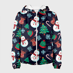 Куртка с капюшоном женская Снеговички с рождественскими оленями и елками, цвет: 3D-белый