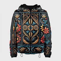 Куртка с капюшоном женская Узор с растительными элементами в славянском стиле, цвет: 3D-черный