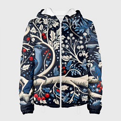 Куртка с капюшоном женская Новогодние снегири на ветках, цвет: 3D-белый