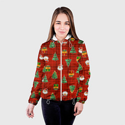 Куртка с капюшоном женская Елочки и Санта - паттерн красная клетка, цвет: 3D-белый — фото 2