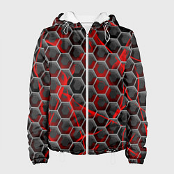 Куртка с капюшоном женская Красные узоры шестиугольник, цвет: 3D-белый