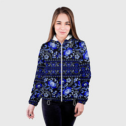 Куртка с капюшоном женская Новогодняя гжельская роспись цветами на чёрном фон, цвет: 3D-белый — фото 2