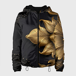 Куртка с капюшоном женская Золотые объемные листья на черном фоне, цвет: 3D-черный