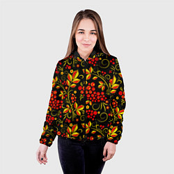 Куртка с капюшоном женская Хохломская роспись золотистые листья чёрном фоне, цвет: 3D-черный — фото 2
