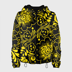 Куртка с капюшоном женская Хохломская роспись золотые цветы на чёроном фоне, цвет: 3D-черный