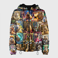 Куртка с капюшоном женская Коллаж много капибар в короне, цвет: 3D-черный