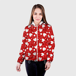 Куртка с капюшоном женская Белые сердечки на красном фоне, цвет: 3D-белый — фото 2