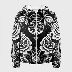Куртка с капюшоном женская Чёрно белые узоры роза, цвет: 3D-белый