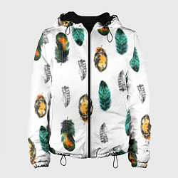 Куртка с капюшоном женская Перья на белом фоне, цвет: 3D-черный