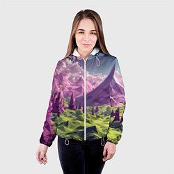 Куртка с капюшоном женская Геометрический зеленый пейзаж и фиолетовые горы, цвет: 3D-белый — фото 2