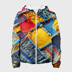 Куртка с капюшоном женская Colorful denim patchwork - ai art, цвет: 3D-белый