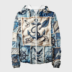 Куртка с капюшоном женская Пэчворк с якорем - джинсовка моряка, цвет: 3D-белый