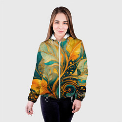 Куртка с капюшоном женская Золотые и бирюзовые листья абстракция, цвет: 3D-белый — фото 2