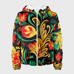 Куртка с капюшоном женская Хохлома акварель, цвет: 3D-белый