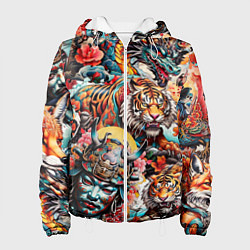 Куртка с капюшоном женская Японская татуировка дракона тигра и самурая, цвет: 3D-белый