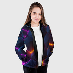 Куртка с капюшоном женская Неоновая яркая геометрическая абстракция со светом, цвет: 3D-черный — фото 2