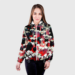 Куртка с капюшоном женская Черно-белые блоки в красном тумане, цвет: 3D-белый — фото 2