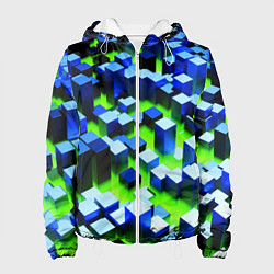 Куртка с капюшоном женская Синие блоки в зеленом тумане, цвет: 3D-белый