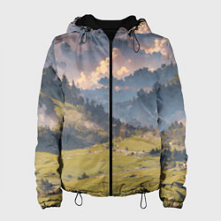 Куртка с капюшоном женская Зелёное поле и небо - аниме, цвет: 3D-черный