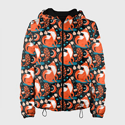 Куртка с капюшоном женская Разноцветный орнамент лисы паттерном, цвет: 3D-черный