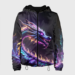 Куртка с капюшоном женская Неоновый сиреневый дракон на черном фоне, цвет: 3D-черный