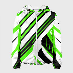 Куртка с капюшоном женская Чёрно-зелёные полосы на белом фоне, цвет: 3D-белый