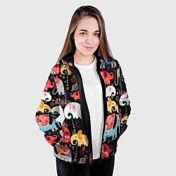 Куртка с капюшоном женская Разноцветные слоны узор, цвет: 3D-черный — фото 2