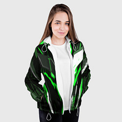 Куртка с капюшоном женская Зелёно-белая абстракция и чёрный фон, цвет: 3D-белый — фото 2