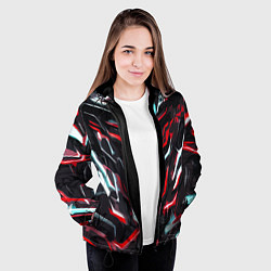 Куртка с капюшоном женская Красно-белые абстрактные линии на чёрном фоне, цвет: 3D-черный — фото 2