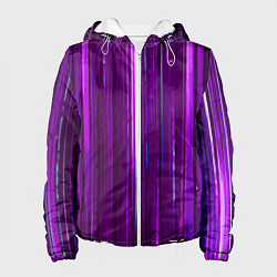 Куртка с капюшоном женская Вертикальные фиолетовые линии на чёрном фоне, цвет: 3D-белый