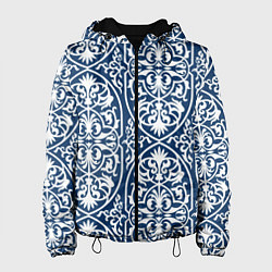 Куртка с капюшоном женская Геометрический узор арабеска бело-синий, цвет: 3D-черный