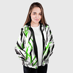 Куртка с капюшоном женская Чёрно-зелёные агрессивные полосы на белом фоне, цвет: 3D-черный — фото 2
