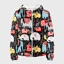 Куртка с капюшоном женская Цветные слонята паттерн, цвет: 3D-белый