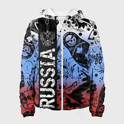 Куртка с капюшоном женская Герб России на фоне матрёшек балалайки и славянски, цвет: 3D-белый