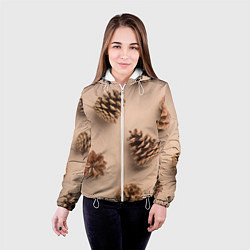 Куртка с капюшоном женская Еловые шишки на бежевом фоне, цвет: 3D-белый — фото 2